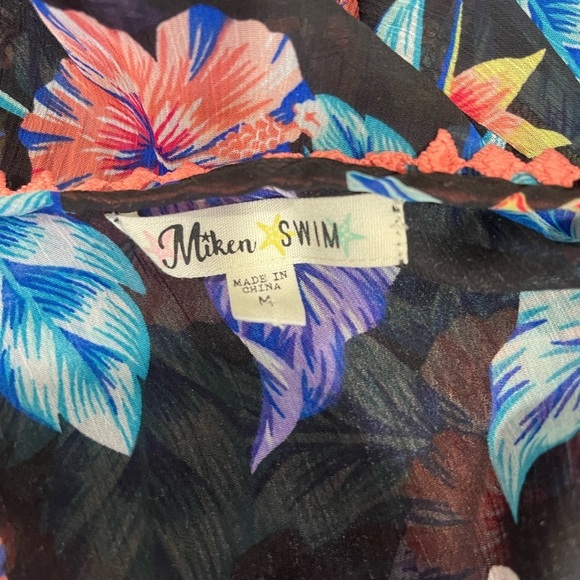 Miken Swim Floral Kimono Cover-Up Swim Elastic Waist Size Medium Black/Purple - Picture 10 of 11
